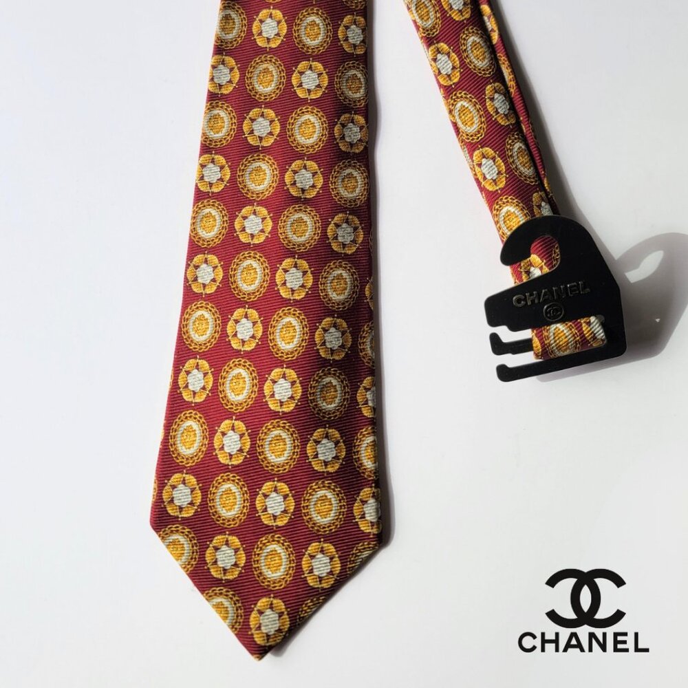 CHANEL Men's Vintage Tie 100% Silk Made in Italy burgundy, gold & cameillas - Picture 1 of 5